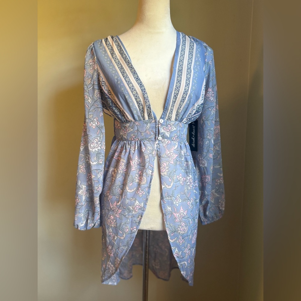 Derek Heart Blue pink Floral‎ Sheer Tunic boho cottage core romantic medium